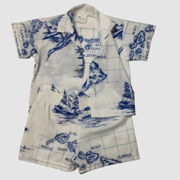 VTG Hawaiian Boy Set Map Ship Print Shirt Lined Shorts Blue White 12–16M USA VBC - Picture 1 of 4